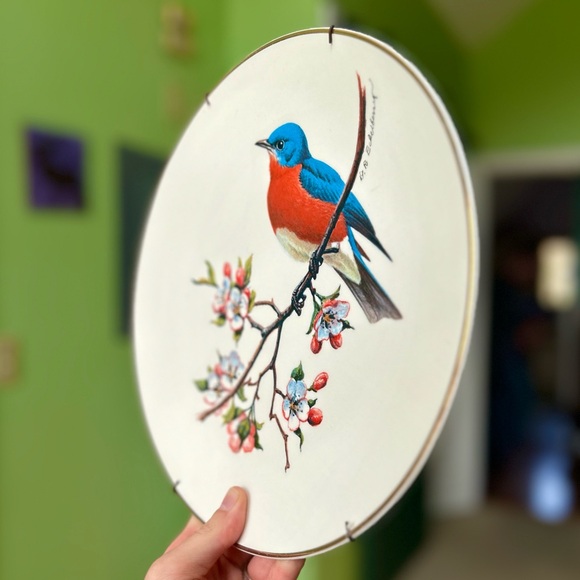 Vintage Bluebird Songbird Collectible Porcelain Wall Hanging Floral Plate - Picture 3 of 6
